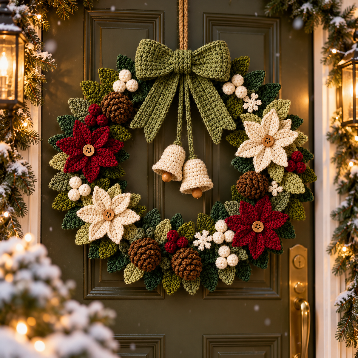 Christmas Door Wreath Crochet Pattern PDF, Poinsettia Pinecone & Snowflake Decor