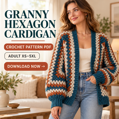 Hexagon Cardigan Crochet Pattern PDF – Modern Hexi Sweater XS–5XL