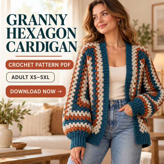 Hexagon Cardigan Crochet Pattern PDF – Modern Hexi Sweater XS–5XL
