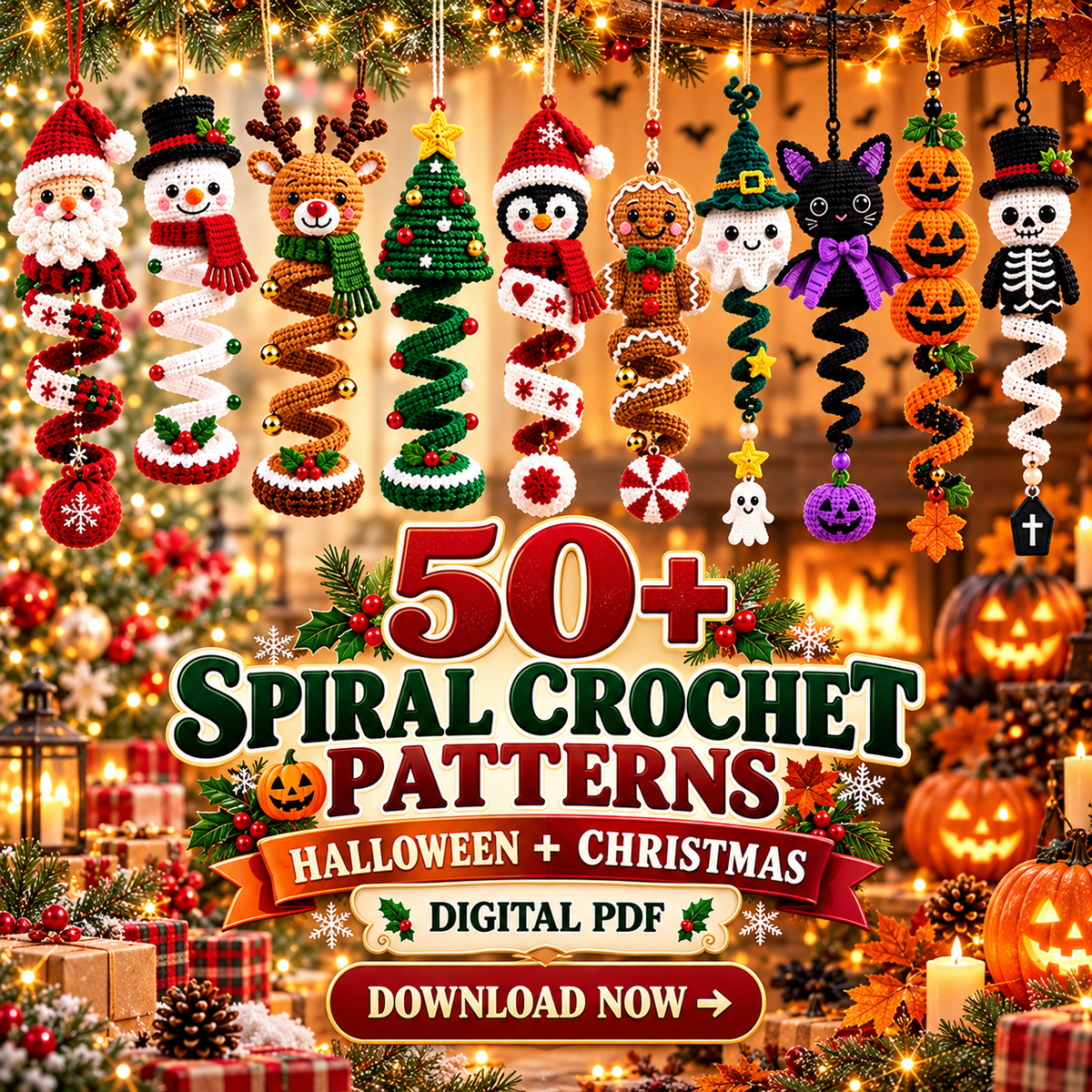 50+ Halloween & Christmas Crochet Spiral Patterns PDF – Holiday Ornament Bundle