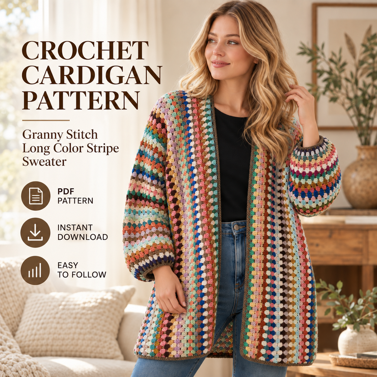 Granny Stitch Cardigan Crochet Pattern – Long Striped Sweater PDF, S–3XL