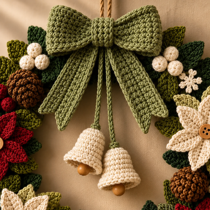 Christmas Door Wreath Crochet Pattern PDF, Poinsettia Pinecone & Snowflake Decor