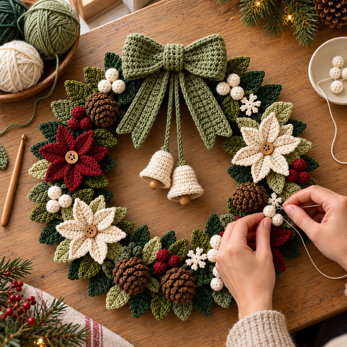 Christmas Door Wreath Crochet Pattern PDF, Poinsettia Pinecone & Snowflake Decor