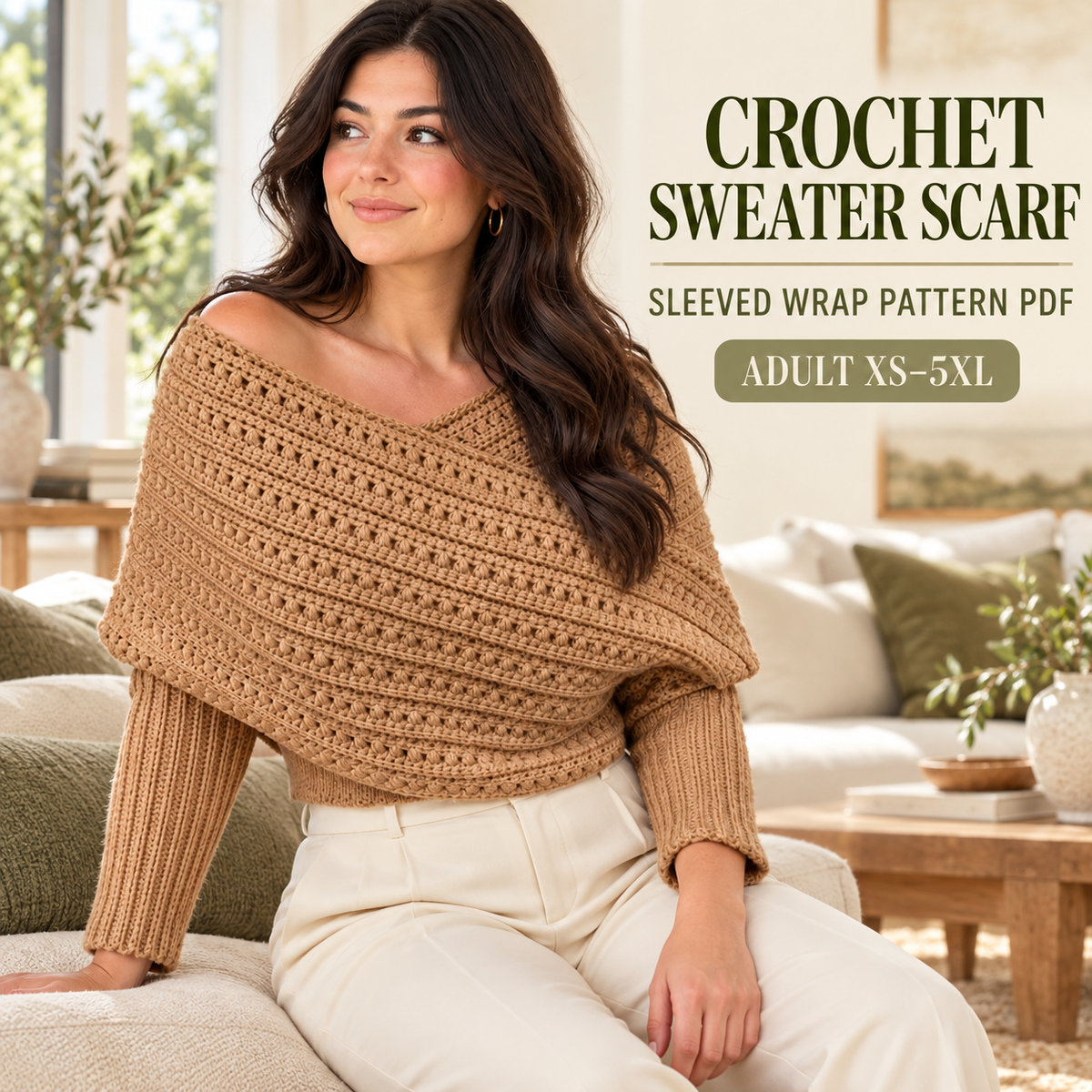 Sleeved Crochet Wrap Pattern PDF, Oversized Scarf Sweater, Women XS–5XL