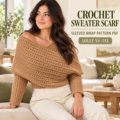 Sleeved Crochet Wrap Pattern PDF, Oversized Scarf Sweater, Women XS–5XL