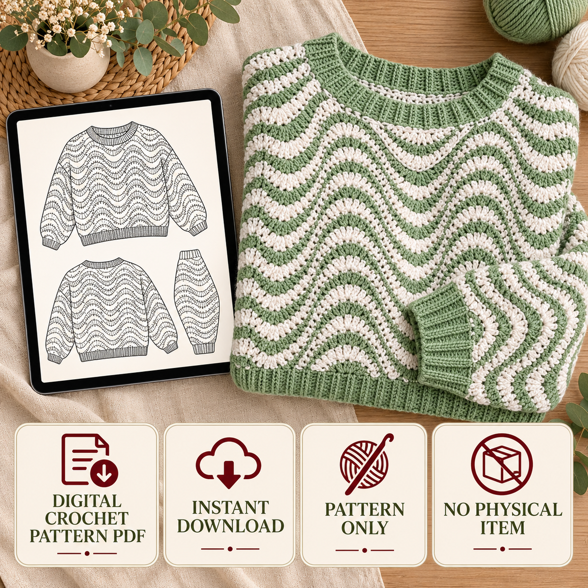 Wavy Striped Sweater Crochet Pattern PDF – Oversized Women's Jumper