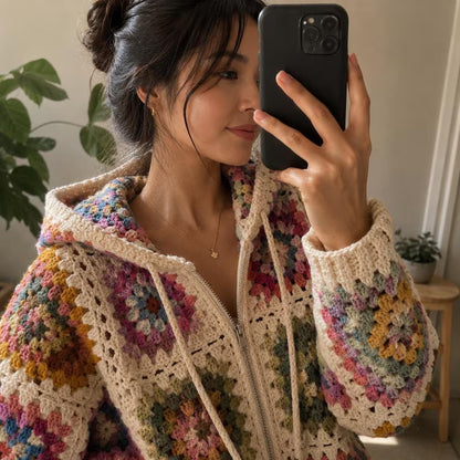 Granny Square Cardigan Crochet Pattern – Hooded Zip Up Sweater PDF