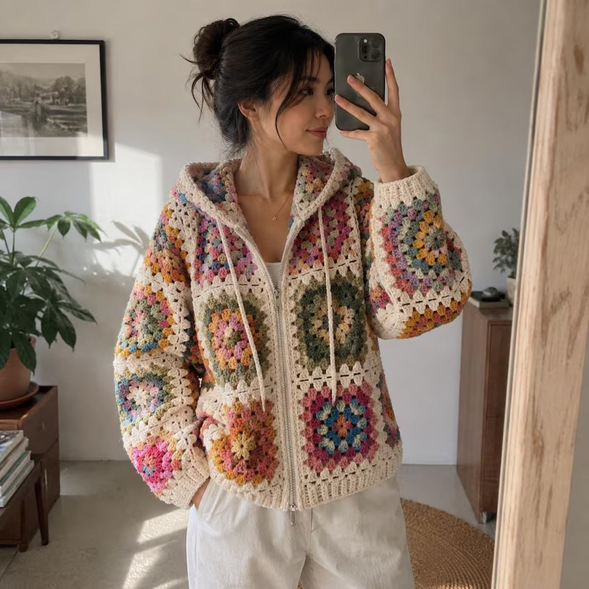 Granny Square Cardigan Crochet Pattern – Hooded Zip Up Sweater PDF