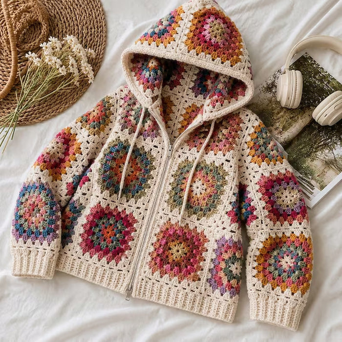 Granny Square Cardigan Crochet Pattern – Hooded Zip Up Sweater PDF