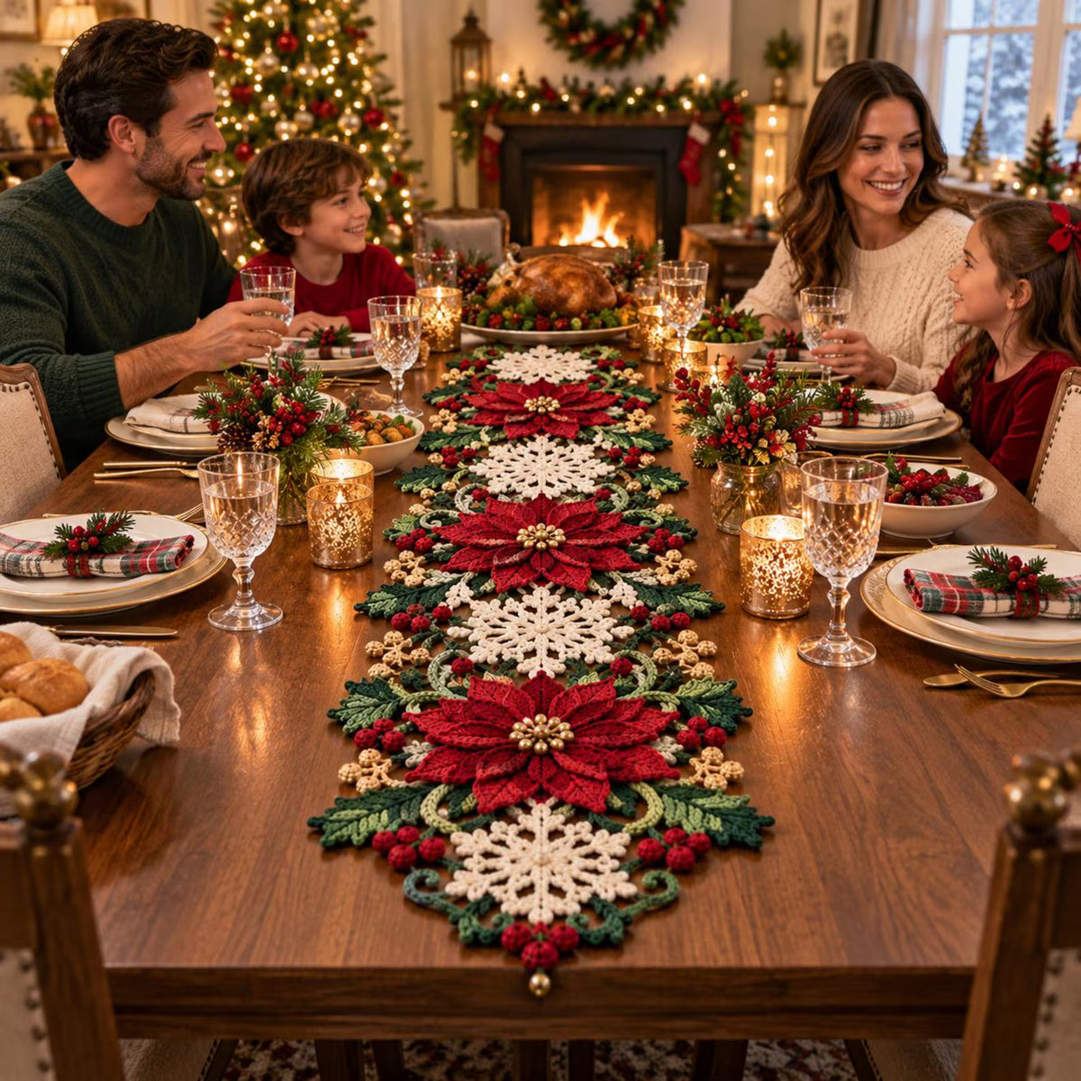 Poinsettia Snowflake Crochet Table Runner Pattern PDF | Christmas Table Decor