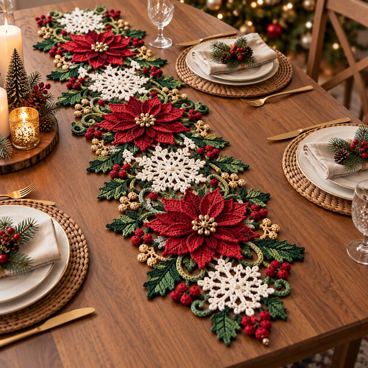 Poinsettia Snowflake Crochet Table Runner Pattern PDF | Christmas Table Decor