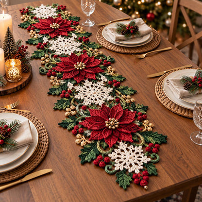 Poinsettia Snowflake Crochet Table Runner Pattern PDF | Christmas Table Decor