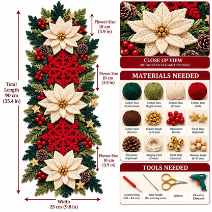 Poinsettia Snowflake Table Runner Crochet Pattern PDF | 3D Christmas Decor