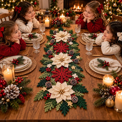 Poinsettia Snowflake Table Runner Crochet Pattern PDF | 3D Christmas Decor