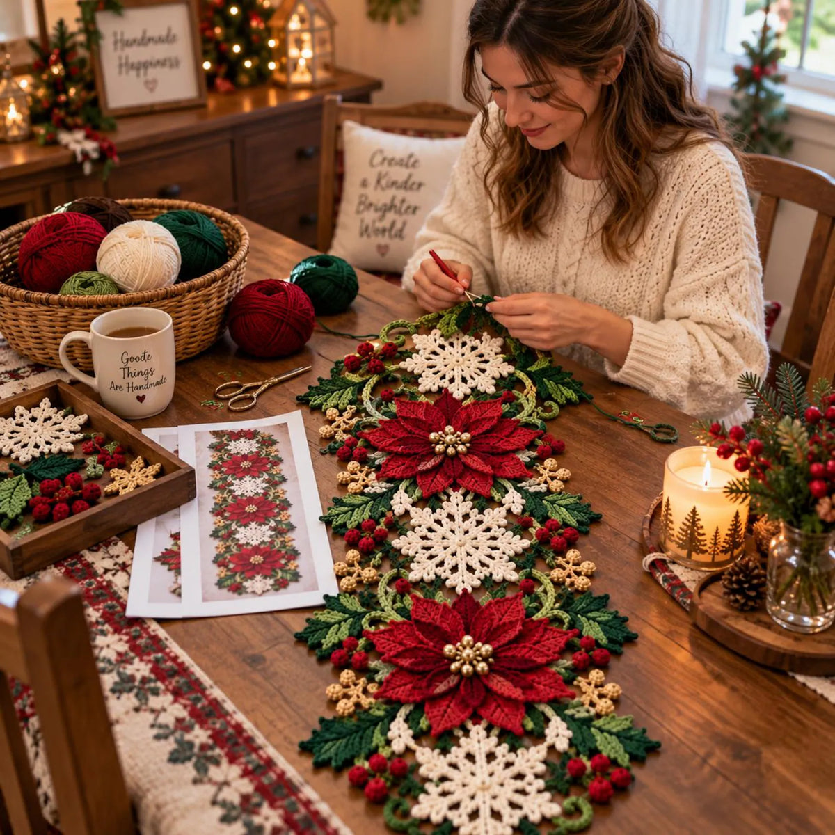 Poinsettia Snowflake Crochet Table Runner Pattern PDF | Christmas Table Decor