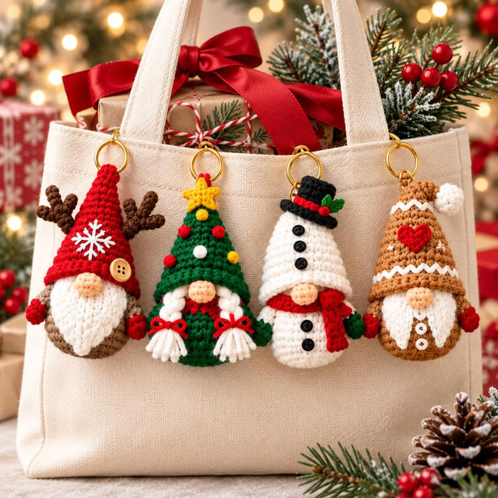 Christmas Gnome Keychain Crochet Pattern Bundle PDF | 8 Mini Ornaments