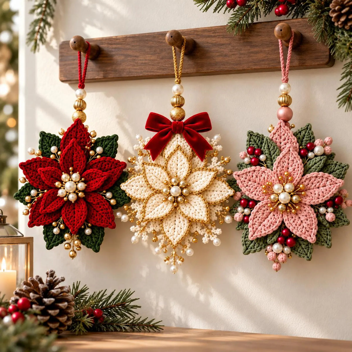 Beaded Poinsettia Crochet Pattern PDF | 3 Christmas Flower Ornaments