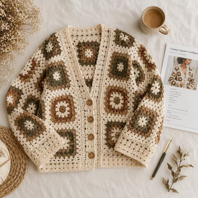 Granny Square Cardigan Crochet Pattern – Oversized Boho Sweater PDF