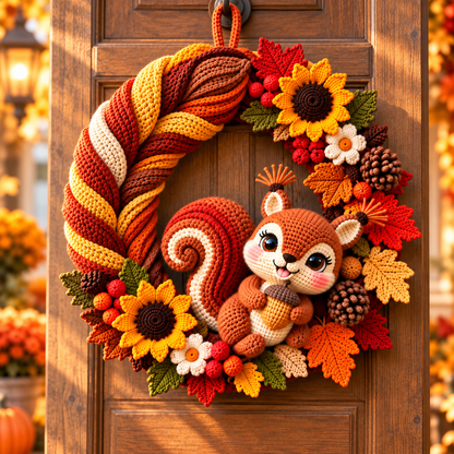 Crochet Squirrel Wreath Pattern PDF | Autumn Woodland Door Decor