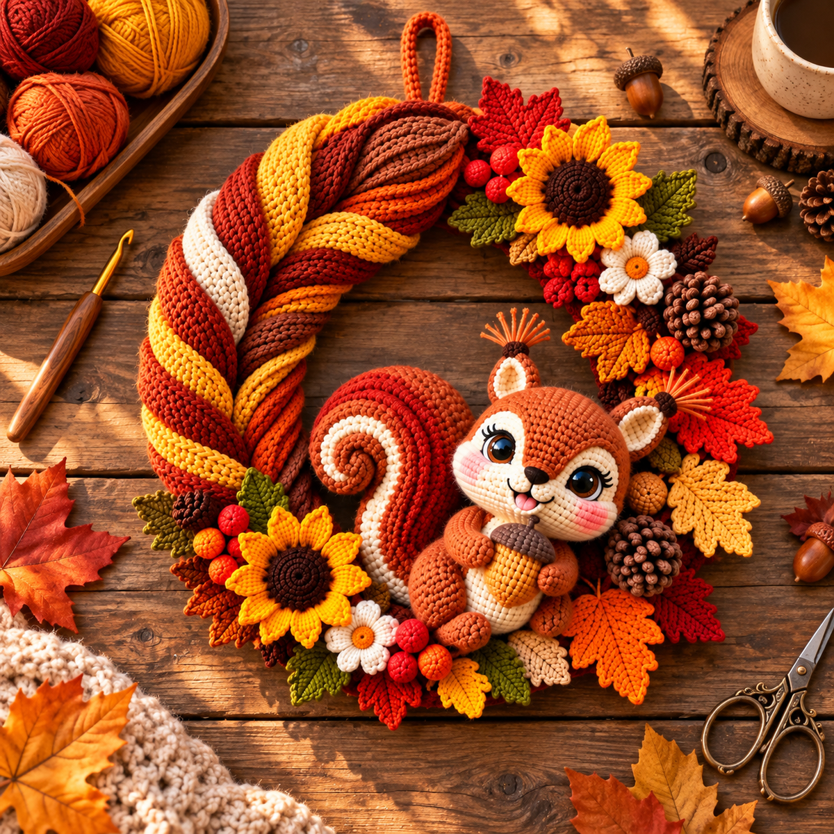 Crochet Squirrel Wreath Pattern PDF | Autumn Woodland Door Decor