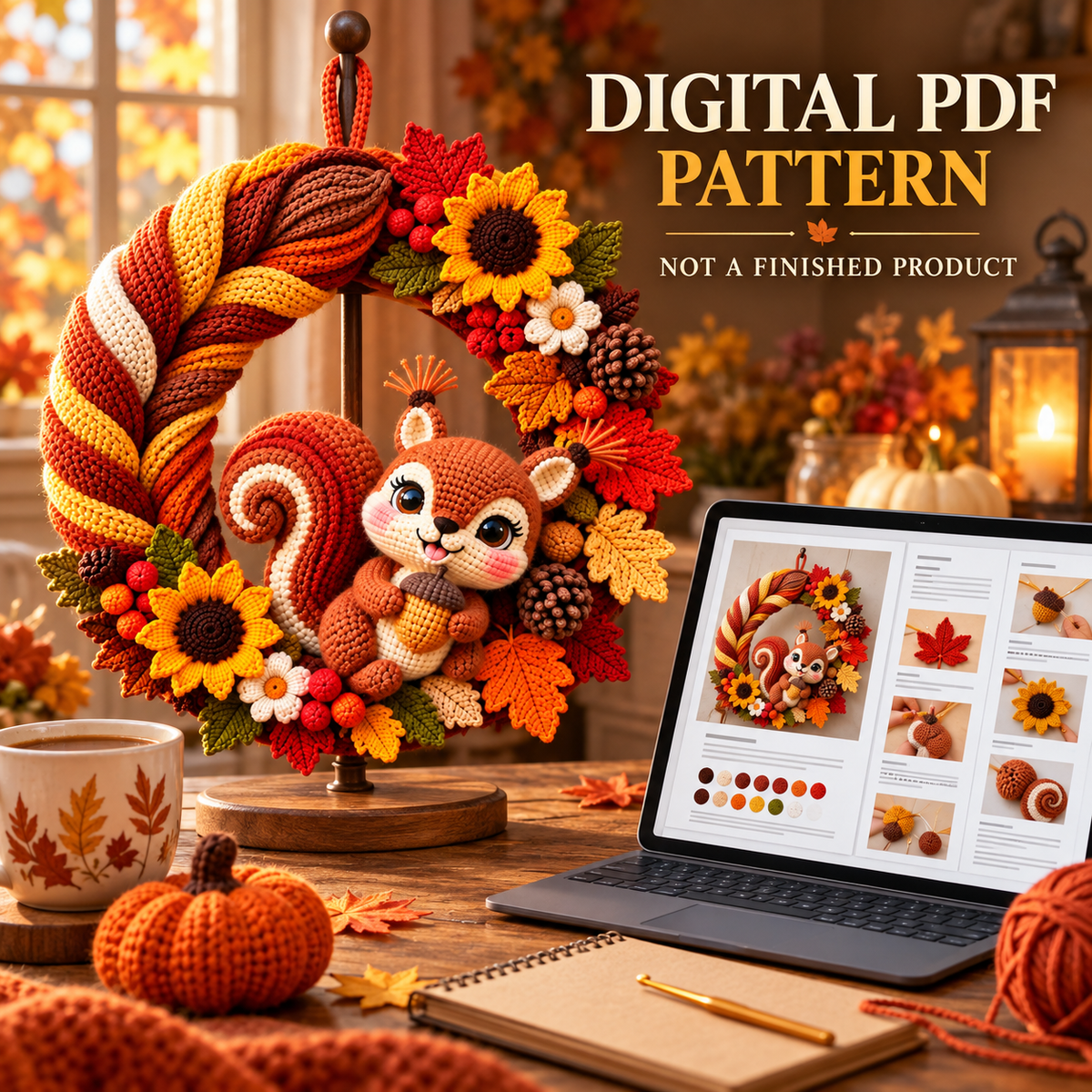 Crochet Squirrel Wreath Pattern PDF | Autumn Woodland Door Decor