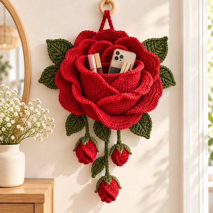 Crochet Rose Wall Organizer Pattern PDF | 3D Flower Hanging Storage