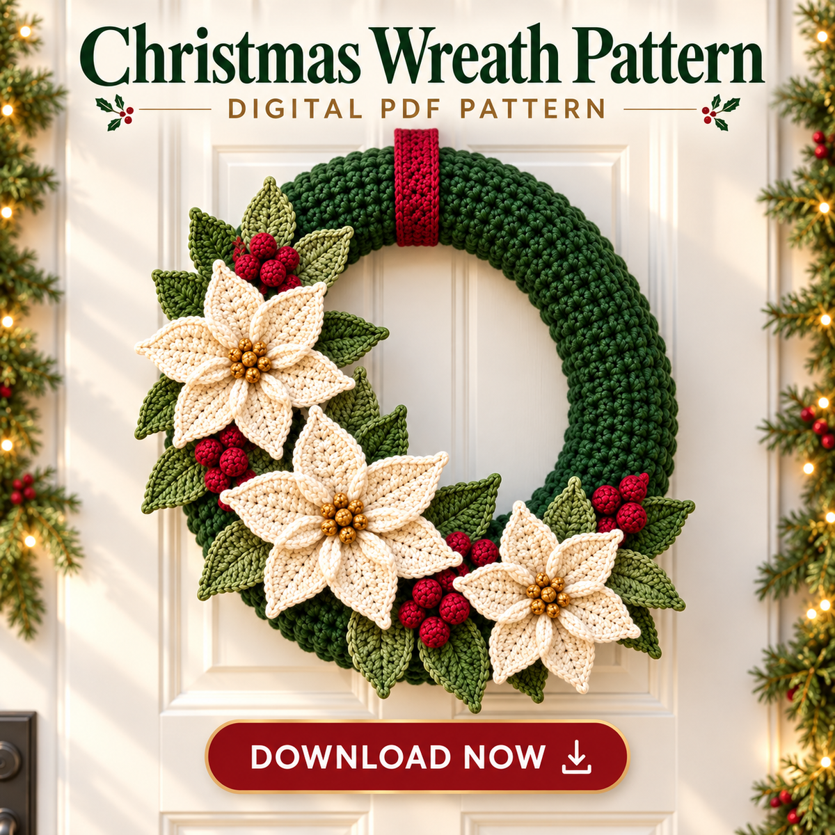Poinsettia Christmas Wreath Crochet Pattern PDF | 14-Inch Base