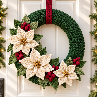 Poinsettia Christmas Wreath Crochet Pattern PDF | 14-Inch Base