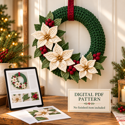 Poinsettia Christmas Wreath Crochet Pattern PDF | 14-Inch Base