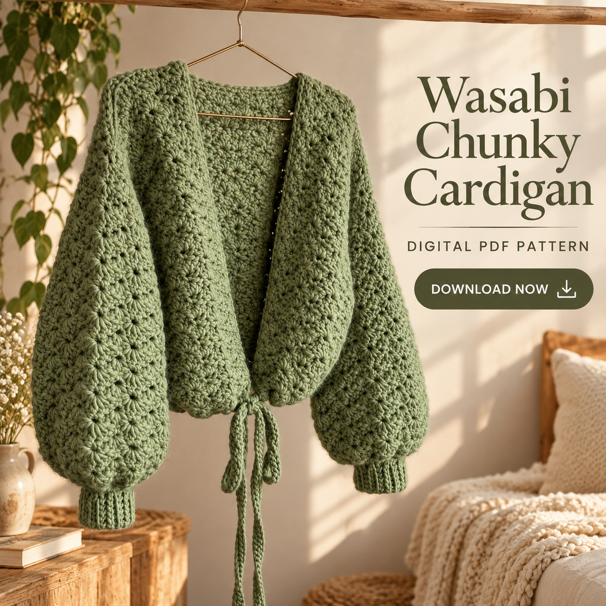 Chunky Crochet Cardigan Pattern PDF | Oversized Tie-Front Scallop Cardigan