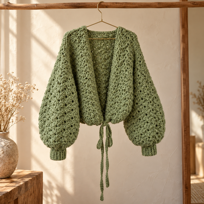 Chunky Crochet Cardigan Pattern PDF | Oversized Tie-Front Scallop Cardigan