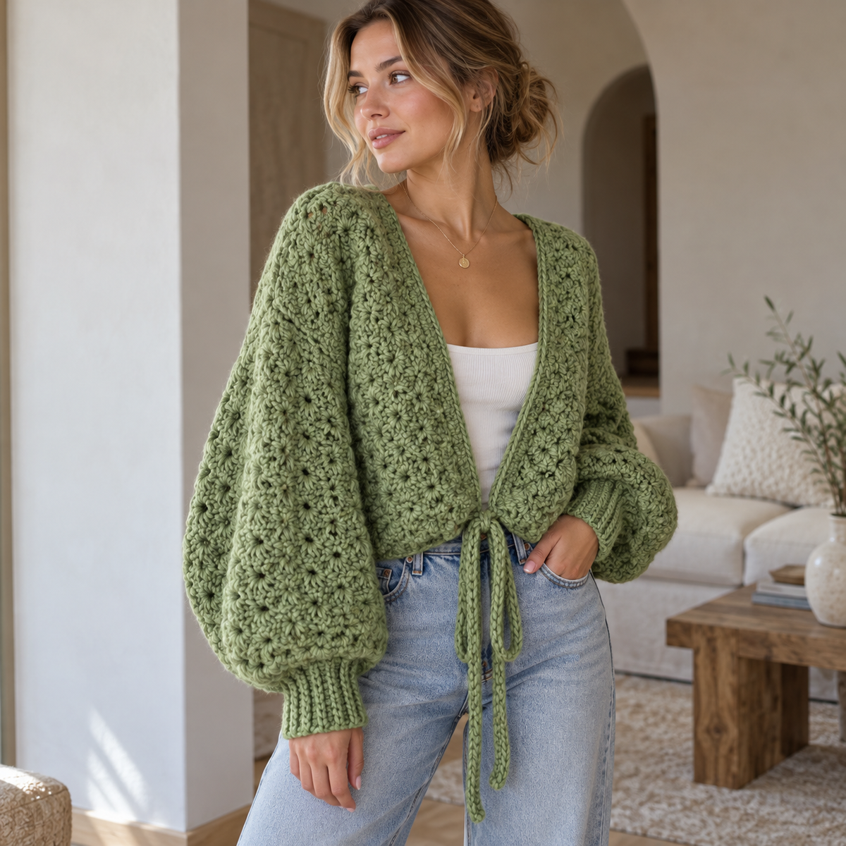 Chunky Crochet Cardigan Pattern PDF | Oversized Tie-Front Scallop Cardigan