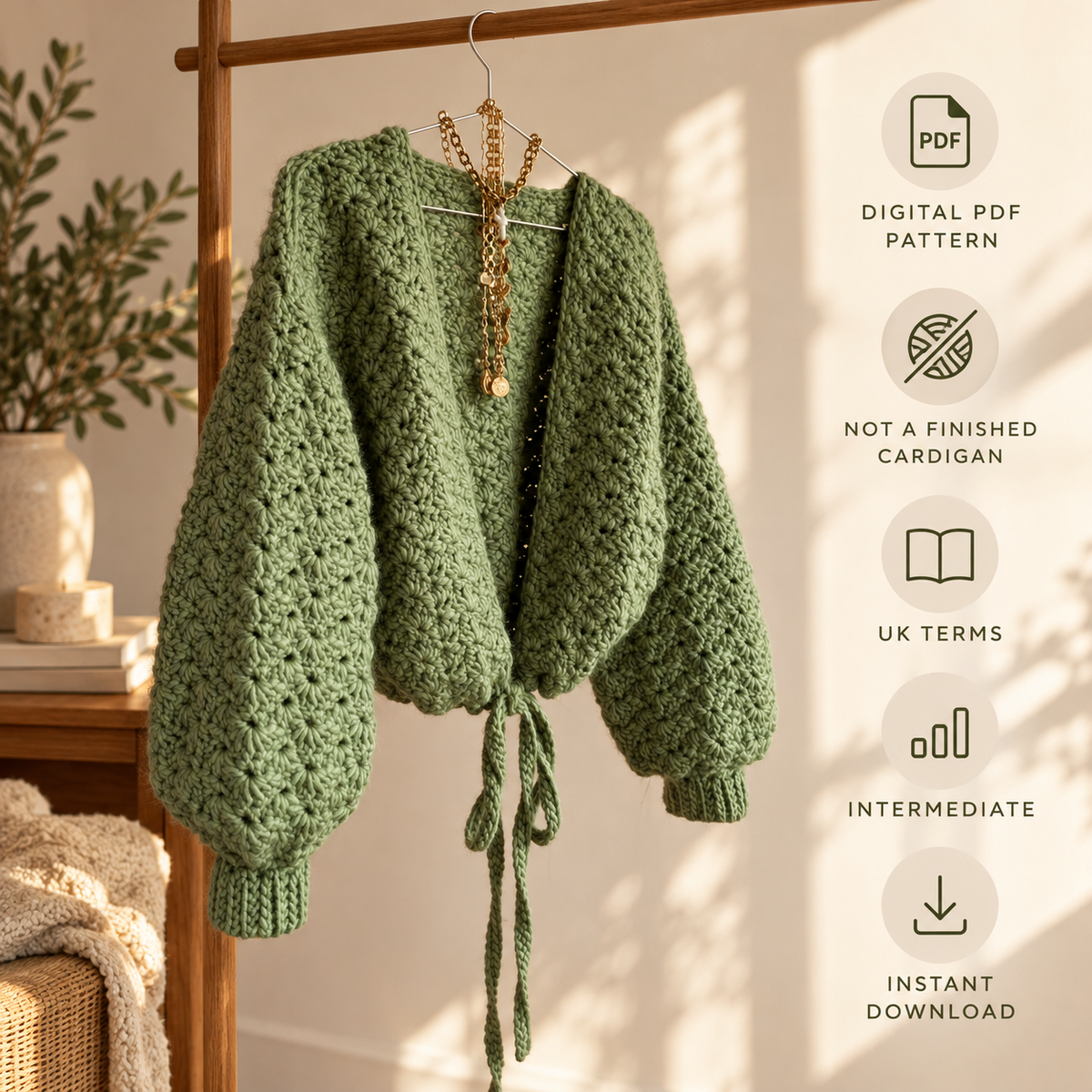 Chunky Crochet Cardigan Pattern PDF | Oversized Tie-Front Scallop Cardigan