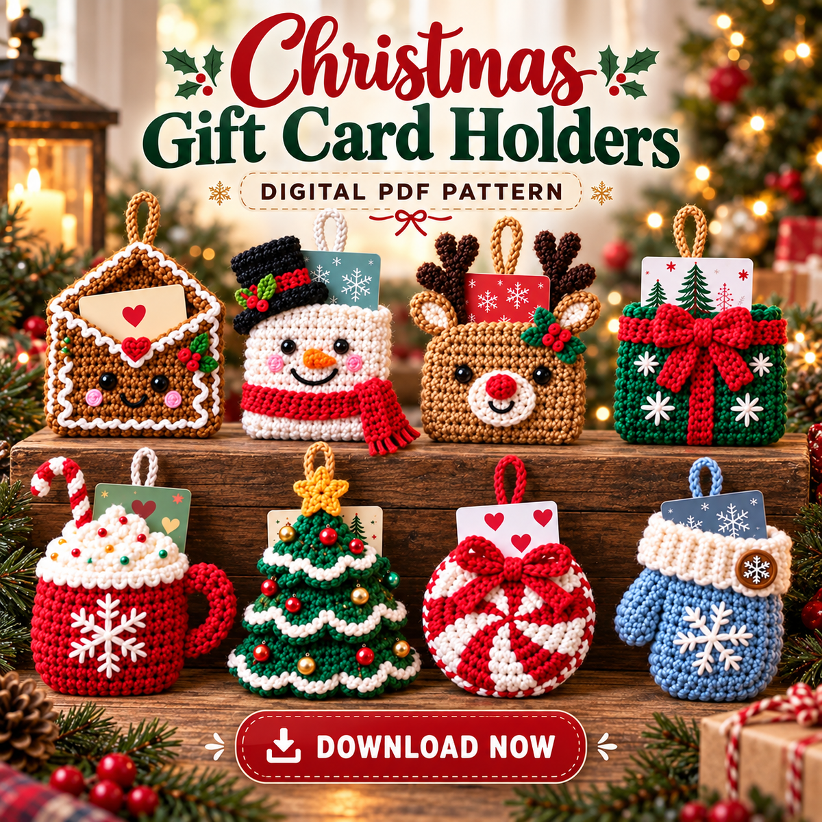 Christmas Gift Card Holder Crochet Pattern Bundle PDF | 8 Ornament Designs