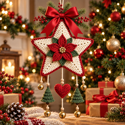 Crochet Poinsettia Star Ornament Pattern PDF | Christmas Wall Hanging