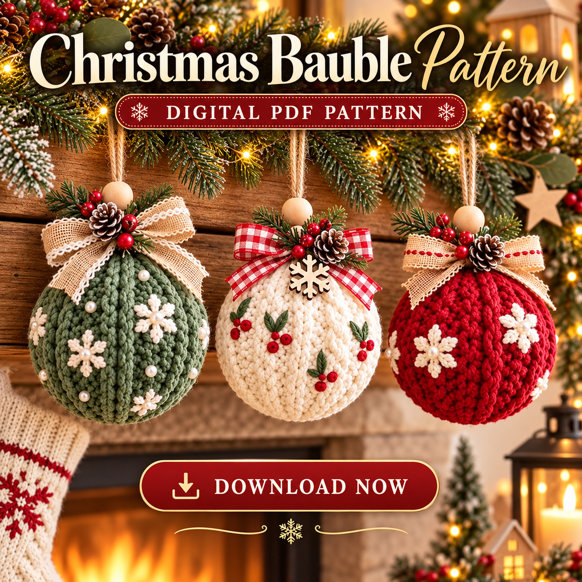 3 Christmas Bauble Crochet Patterns PDF | Rustic Holiday Ornaments