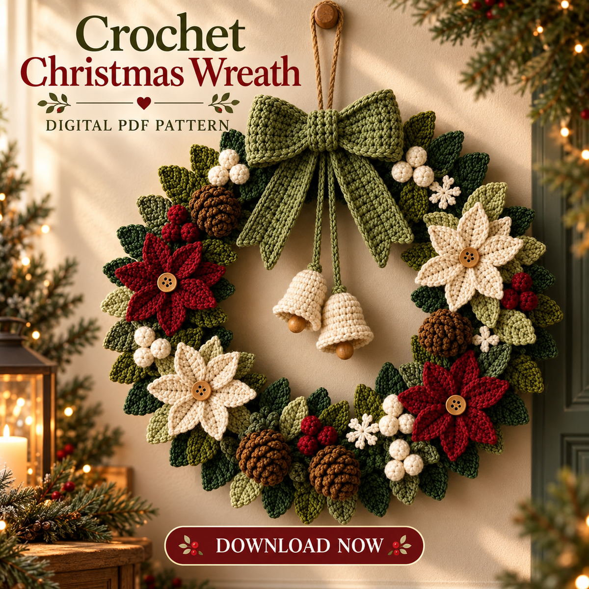 Poinsettia Christmas Wreath Crochet Pattern PDF | Holiday Door Decor