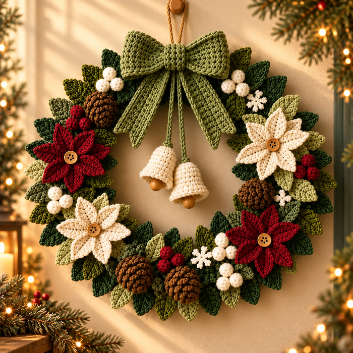 Poinsettia Christmas Wreath Crochet Pattern PDF | Holiday Door Decor