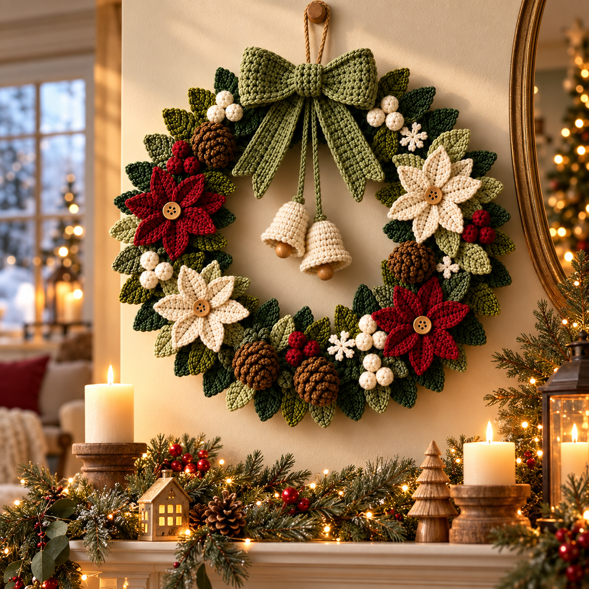 Poinsettia Christmas Wreath Crochet Pattern PDF | Holiday Door Decor