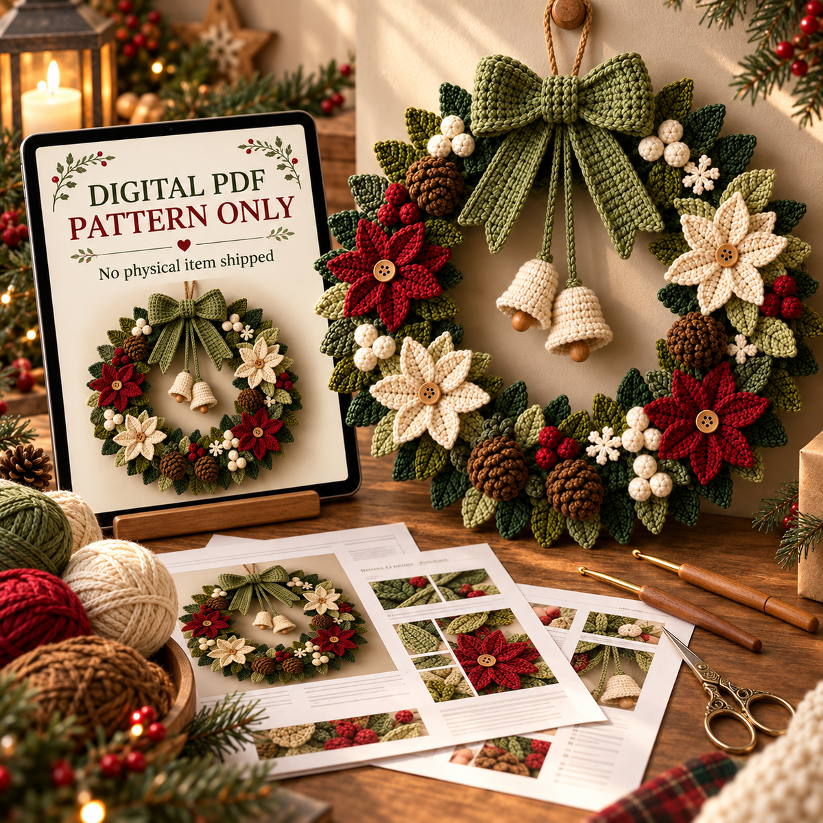 Poinsettia Christmas Wreath Crochet Pattern PDF | Holiday Door Decor