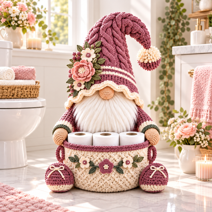 Floral Gnome Toilet Paper Holder Crochet Pattern PDF | Bathroom Basket