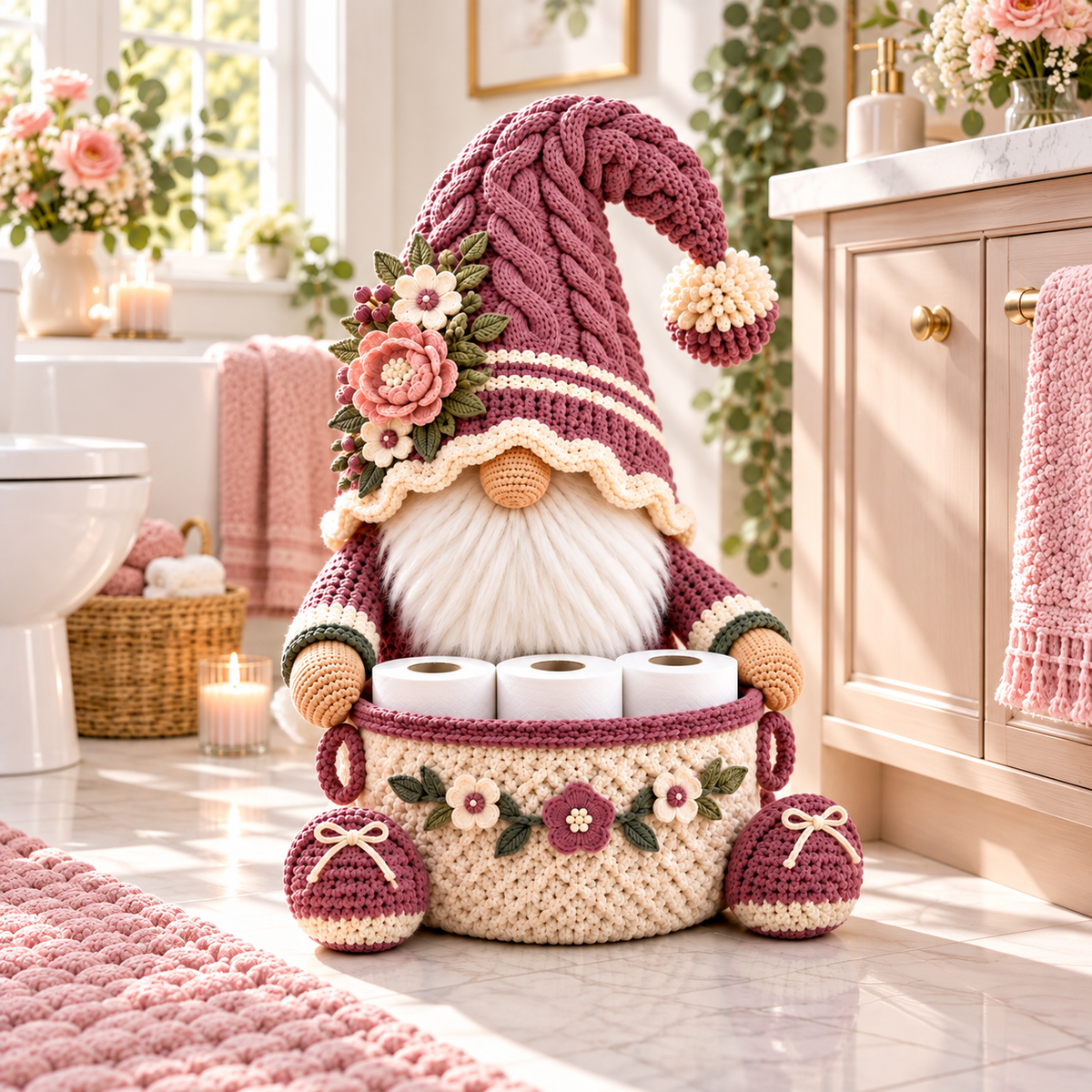 Floral Gnome Toilet Paper Holder Crochet Pattern PDF | Bathroom Basket