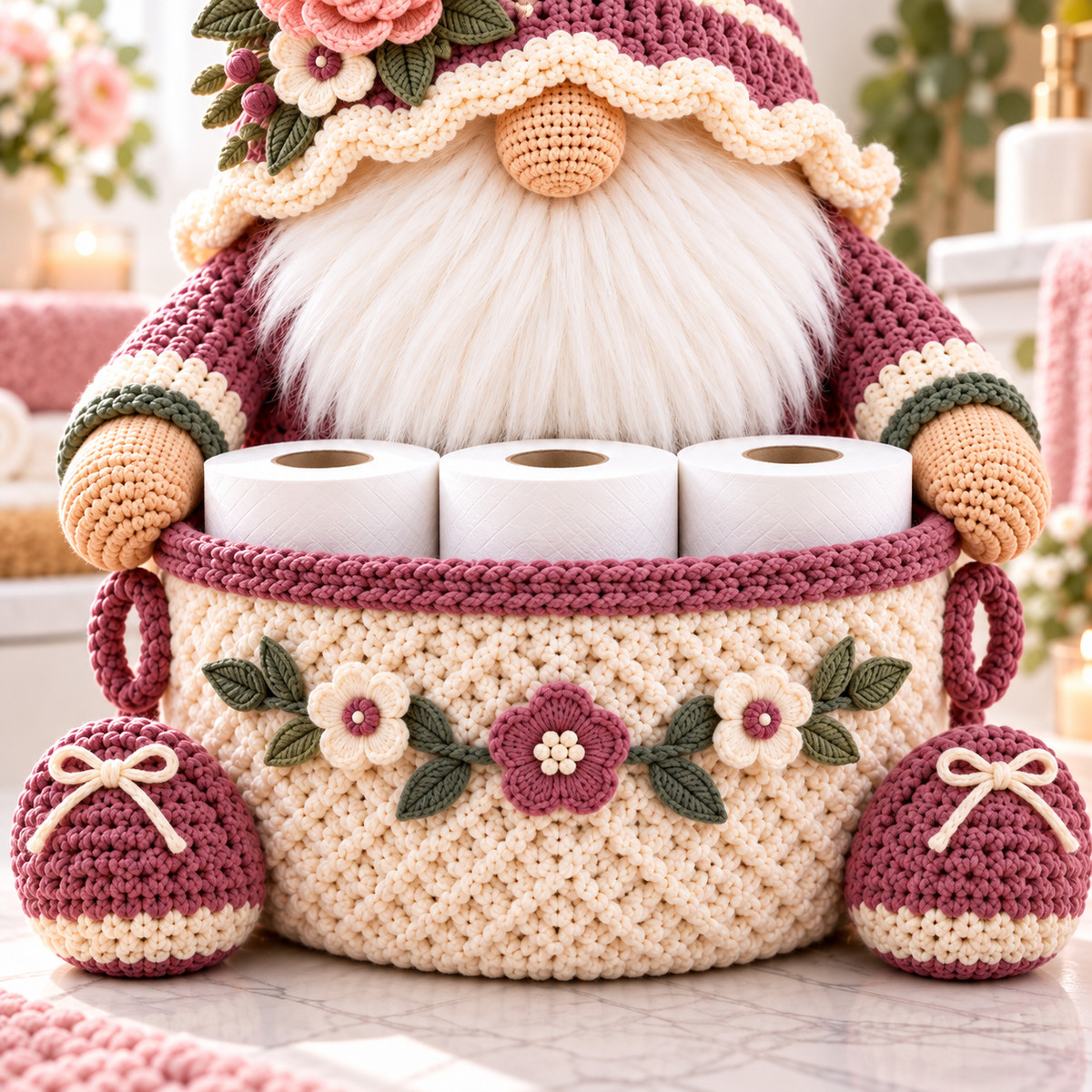 Floral Gnome Toilet Paper Holder Crochet Pattern PDF | Bathroom Basket