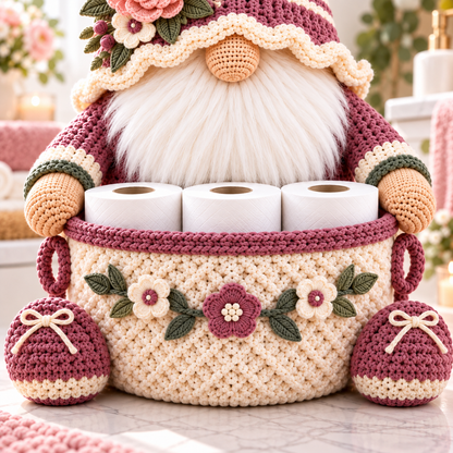 Floral Gnome Toilet Paper Holder Crochet Pattern PDF | Bathroom Basket