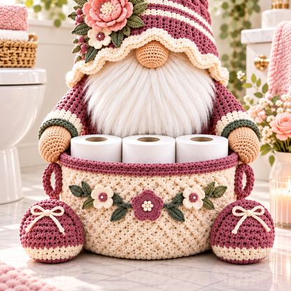 Floral Gnome Toilet Paper Holder Crochet Pattern PDF | Bathroom Basket