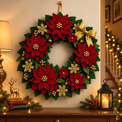 Red Poinsettia Christmas Wreath Crochet Pattern PDF | Holiday Door Decor
