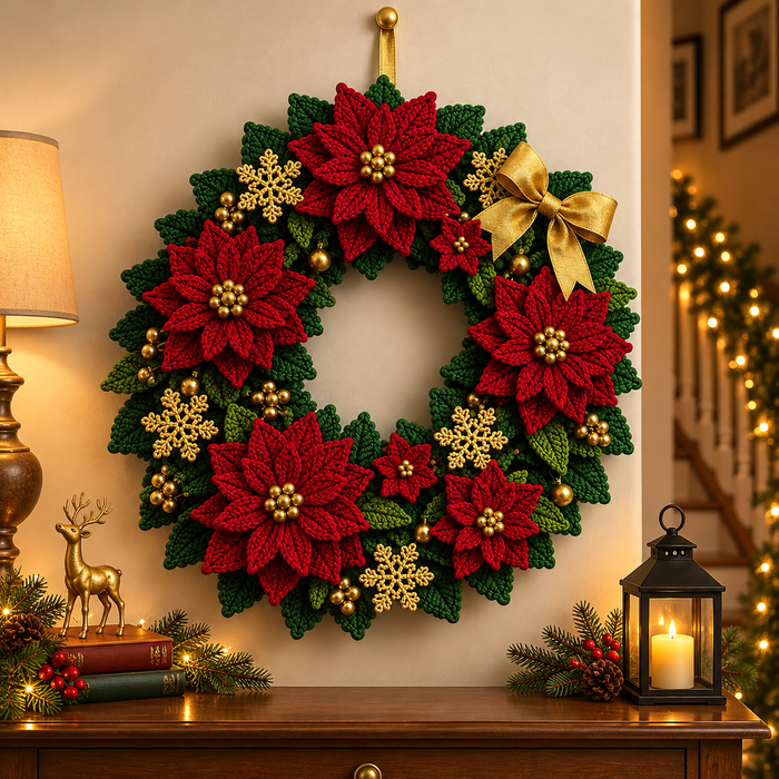 Red Poinsettia Christmas Wreath Crochet Pattern PDF | Holiday Door Decor