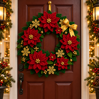 Red Poinsettia Christmas Wreath Crochet Pattern PDF | Holiday Door Decor