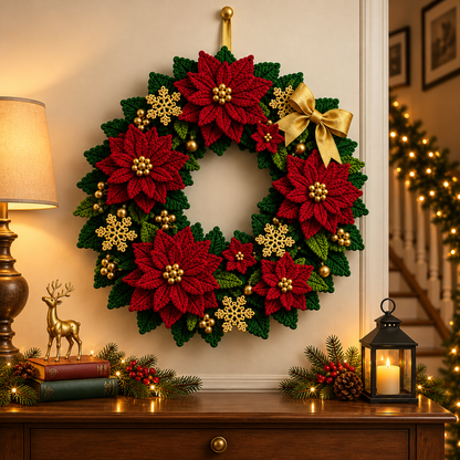 Red Poinsettia Christmas Wreath Crochet Pattern PDF | Holiday Door Decor