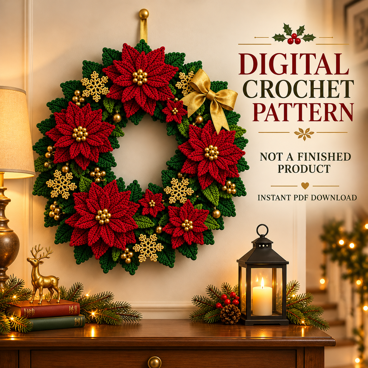 Red Poinsettia Christmas Wreath Crochet Pattern PDF | Holiday Door Decor